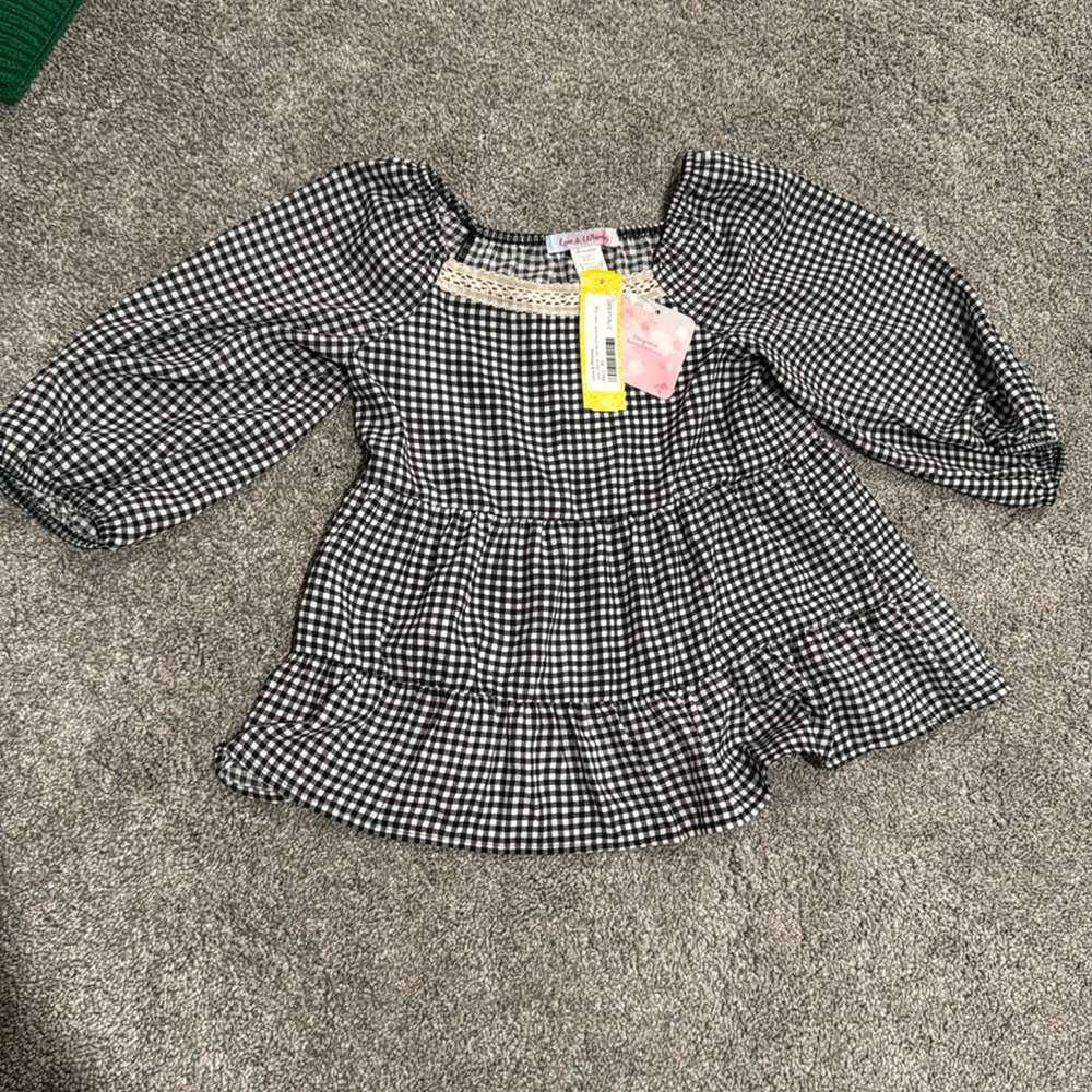 NWT girls size 10 black gingham ruffle tier 3/4 sleeve shirt